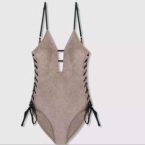 Grand Dunes Suede Cream Taupe One Piece Swimsuit With Lace-up Detailing